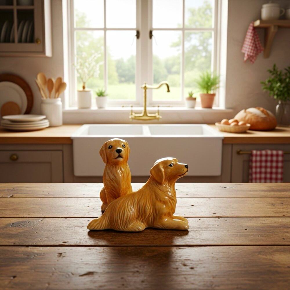 Ceramic Golden Retriever Dog Salt and Pepper Shakers Set Brown